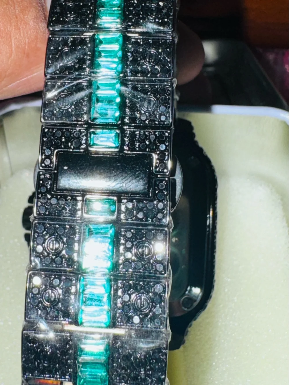 Green Crystal-Embellished Square Watch - Black Band
